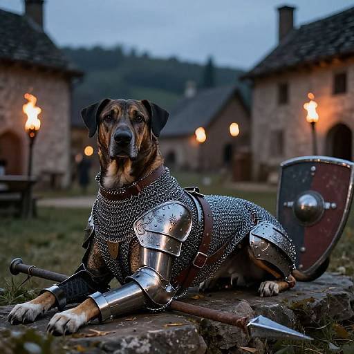 Photograph of a brown and black dog in medieval armor, lying on a stone path with a sword and shield, surrounded by lit torches and rustic
