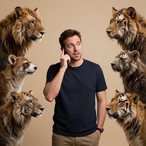 Man Communicating with Emotional Animal Hybrids