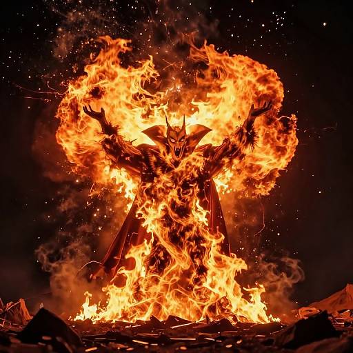 Photograph of a giant, fiery, humanoid figure emerging from a blazing inferno with arms raised, surrounded by bright orange flames and dark, smoky