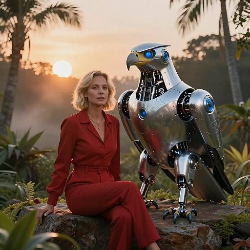 Photograph of a blonde woman in a red dress sitting beside a metallic, blue-eyed bird robot in a lush, tropical jungle at sunset.