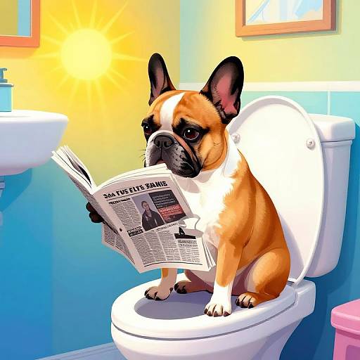 French Bulldog Reading Newspaper on Toilet