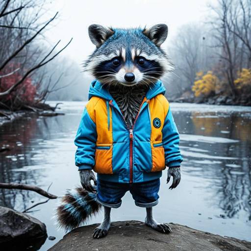 Anthropomorphic Blue Raccoon in Colorful Jacket by Mystic River