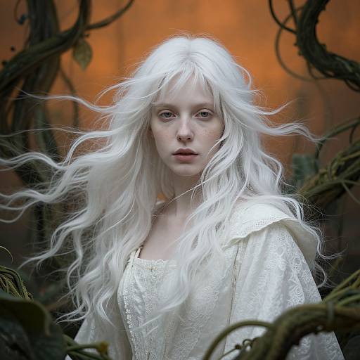 Photograph of a pale-skinned woman with long, wild white hair, wearing a white lace blouse, surrounded by dark, twisted vines against a vivid