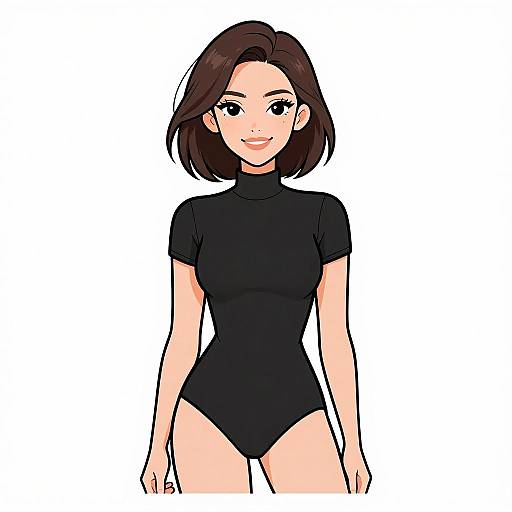 Digital anime-style drawing of a smiling woman with short brown hair, wearing a tight black turtleneck leotard, standing against a white background.