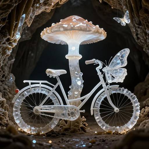 Glowing, translucent illuminated bicycle with a mushroom seat and butterfly basket, set in a dark cave-like environment with a flying butterfly. Photographic art