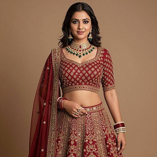 Photograph of an Indian woman in traditional red and gold traditional attire, adorned with jewelry, standing against a beige background.