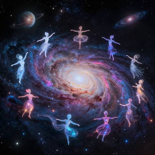Digital art: Neon-colored, ethereal ballerinas dance around a glowing, colorful spiral galaxy, set against a starry, cosmic night sky.