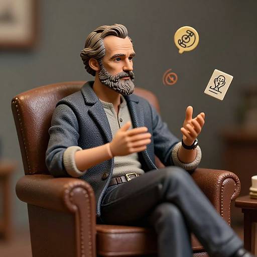 Photorealistic CGI of bearded man with gray hair in blue blazer, gray shirt, and dark jeans, sitting in brown leather chair, gest