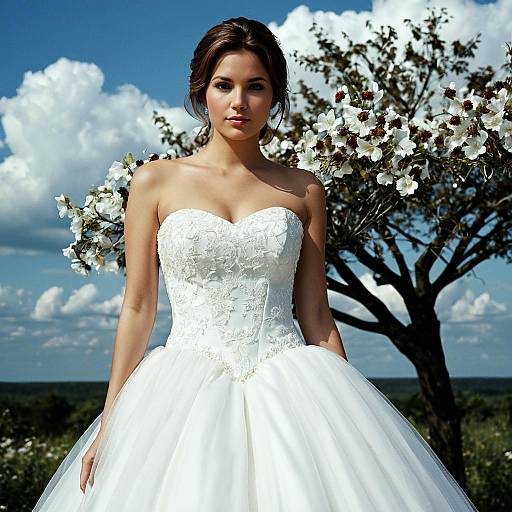 Bride in Strapless White Wedding Dress Outdoors