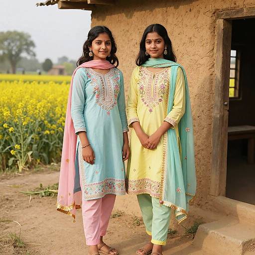 Photograph of two Indian women standing in front of a rustic house, wearing colorful traditional kurtas and scarves, against a field of yellow flowers