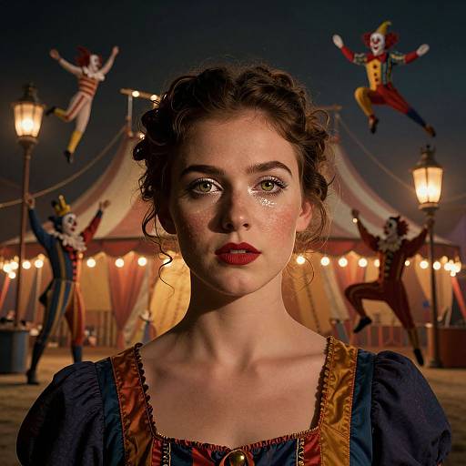 Photograph of a young woman with fair skin, red lipstick, and blue eyes, wearing a blue and gold dress, standing in front of a circus