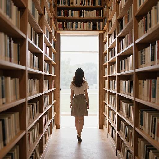 Photograph of a woman with long dark hair, white blouse, and gray skirt, walking away from a brightly lit library aisle.