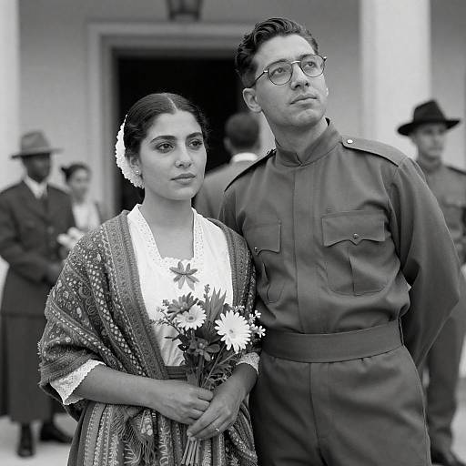 Vintage Couple in Traditional and Military Attire