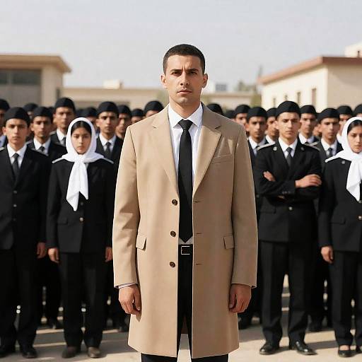 Man in Beige Coat Surrounded by Crowd