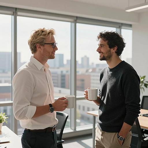 Two Men Chatting with Coffee in Modern Office