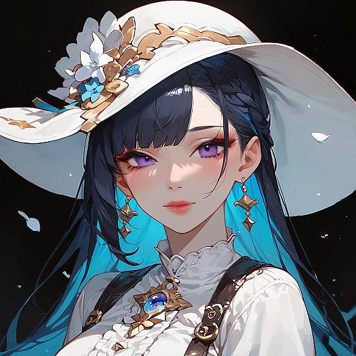 Digital anime-style portrait of a fair-skinned woman with long black hair, blue highlights, purple eyes, wearing a white hat, white blouse, gold