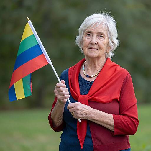 Photograph of an elderly white woman with short white hair, wearing a red cardigan, black top, pearl necklace, holding a colorful rainbow flag,