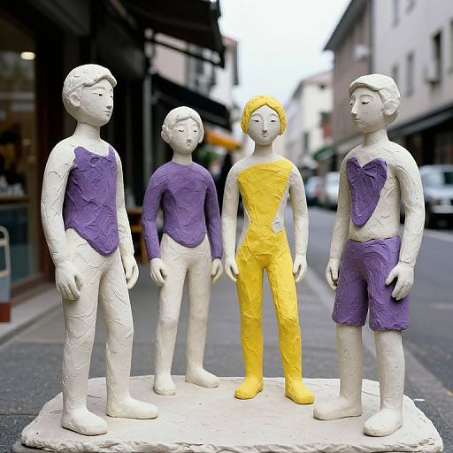 Photograph of four sculpted, textured, white figures with purple and yellow clothing, standing on a city street with blurred buildings.