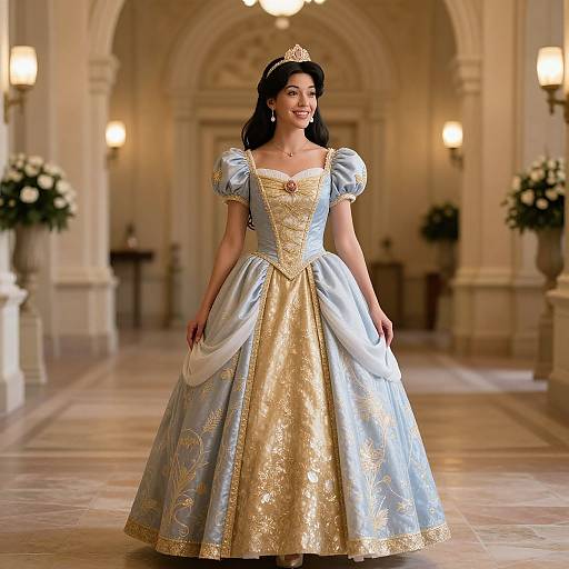 Digital illustration of a beautiful princess in a blue and gold ballgown with puffed sleeves, crown, and elegant hall with floral arrangements.