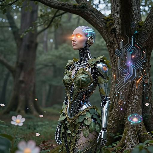 Digital artwork of a futuristic, robotic woman with glowing orange eyes, leaf-covered armor, standing in a dense, enchanted forest.