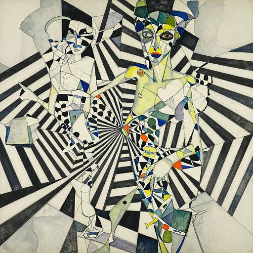 Abstract, geometric digital painting of a fragmented, colorful female figure with black-and-white striped background, featuring sharp angles and vibrant splashes.