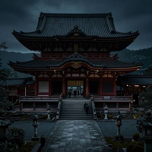 Photograph of a traditional Japanese temple at dusk, with dark blue sky, red and wooden architecture, stone steps, and people entering.