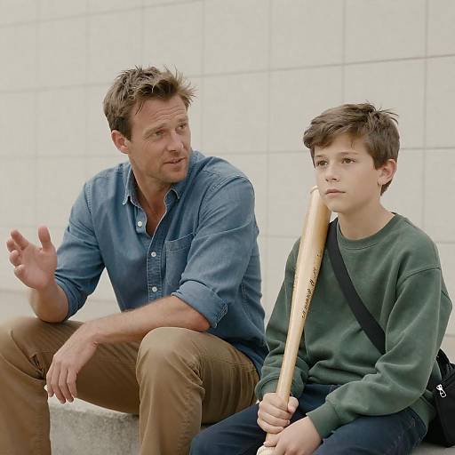 Man and Boy Sitting Outdoors with Baseball Bat