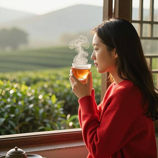 Photograph of an Asian woman with long black hair, wearing a red sweater, sipping steaming tea outdoors through a window, with lush green tea