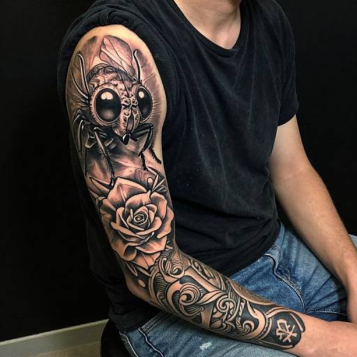 Photograph of a man in black shirt and blue jeans, showcasing detailed black-and-gray tattoo sleeve featuring a bug, rose, and intricate patterns on his