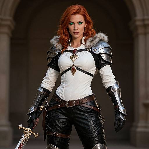 Digital art of a fierce red-haired woman in medieval armor, with green eyes, holding a sword, standing in a dark archway.