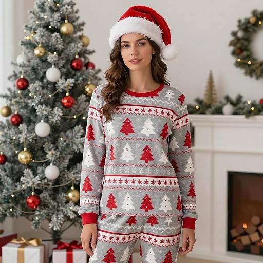 Woman in Christmas Pajamas with Santa Hat