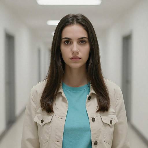 Young Woman in Bright White Hallway