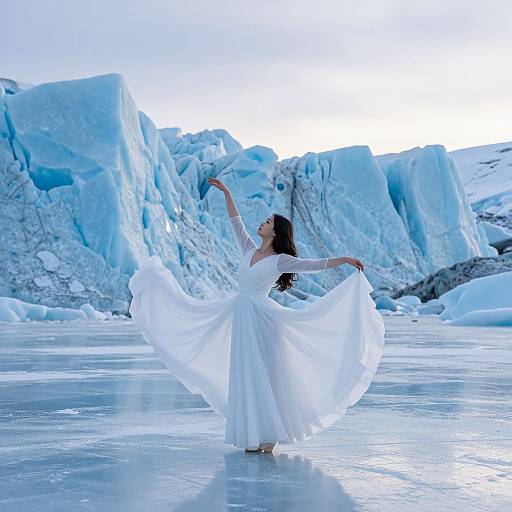 Photograph of a woman with long black hair, wearing a flowing white dress, dancing on ice in front of towering blue glaciers.