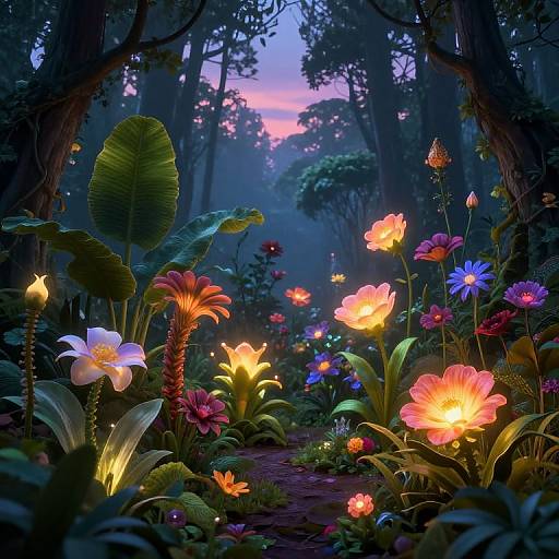 Magical forest at twilight, illuminated by glowing, vibrant flowers in shades of pink, orange, blue, and yellow, surrounded by dark, misty