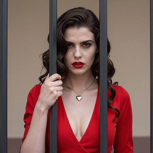 Pale Woman in a Red Dress Behind Bars
