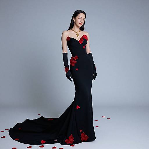 Elegant photograph of a fair-skinned woman with long black hair, wearing a strapless black gown adorned with red roses, black gloves, and gold