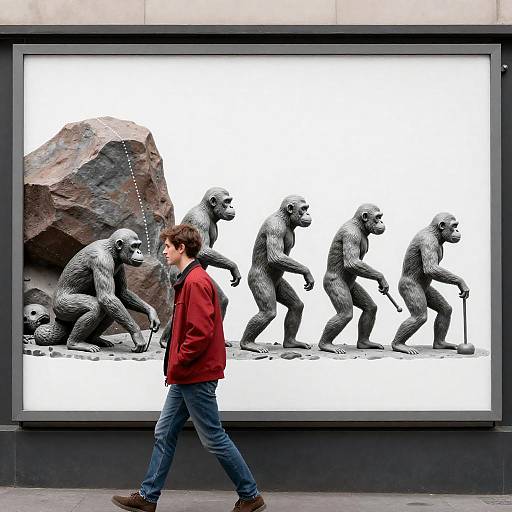 Young Man Walking Past Grayscale Statues