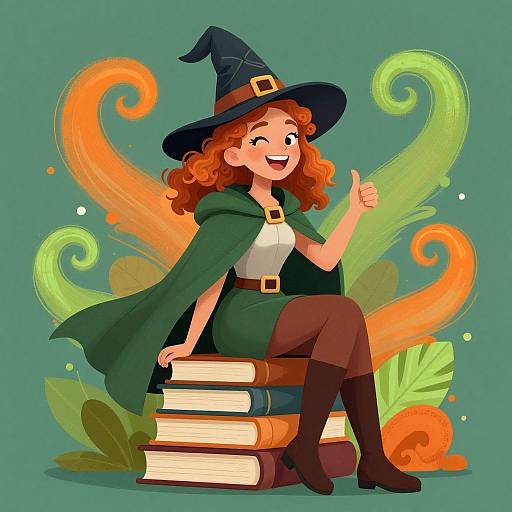 Illustration of a cheerful, curly-haired witch in green cape and hat, sitting on stacked books, giving a thumbs-up, with swirling orange and green