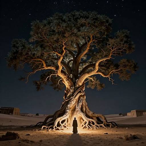 Photograph of a massive, illuminated tree with glowing, twisted roots at night, a silhouette of a person standing at its base, starry sky above