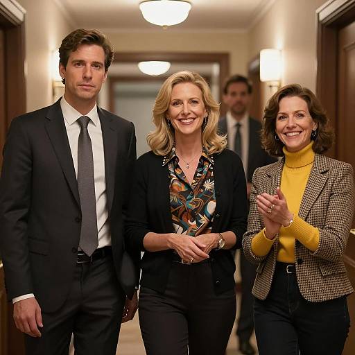 Three People in a Warm Hallway Scene