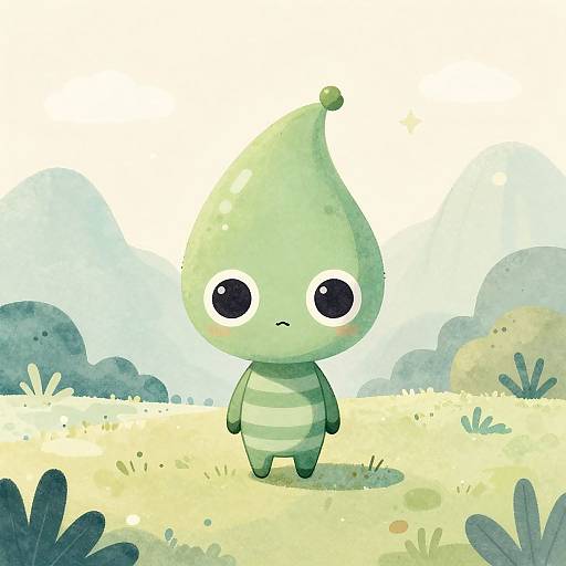 Watercolor-style digital drawing of a cute, green, plant-like character with a teardrop head, large black eyes, and striped torso, standing