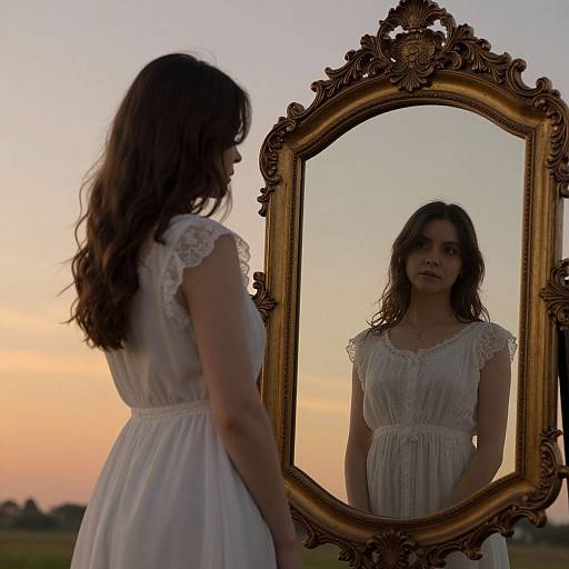 Photograph of a young woman with wavy brown hair, wearing a white lace dress, standing in front of an ornate gold mirror, reflecting her