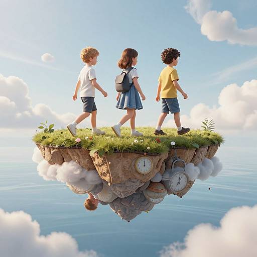 Digital artwork of three children walking on a floating grassy island with clocks, surrounded by clouds and calm water.