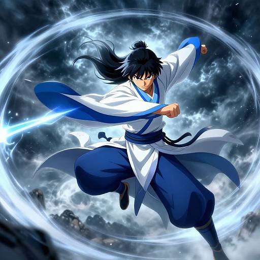 Dynamic anime-style digital artwork of a black-haired martial artist in white and blue robes, wielding a glowing blue sword, surrounded by an electric blue energy circle