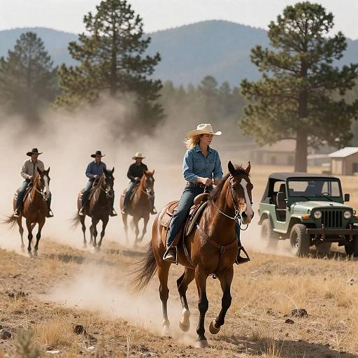 Blonde Cowgirl Riding Through Dusty Plains
