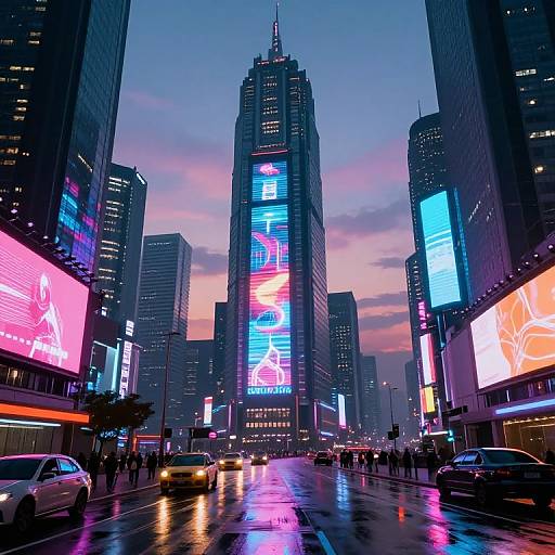 Photograph of a vibrant, neon-lit city street at dusk, featuring a towering skyscraper with a colorful digital billboard, surrounded by other illuminated buildings