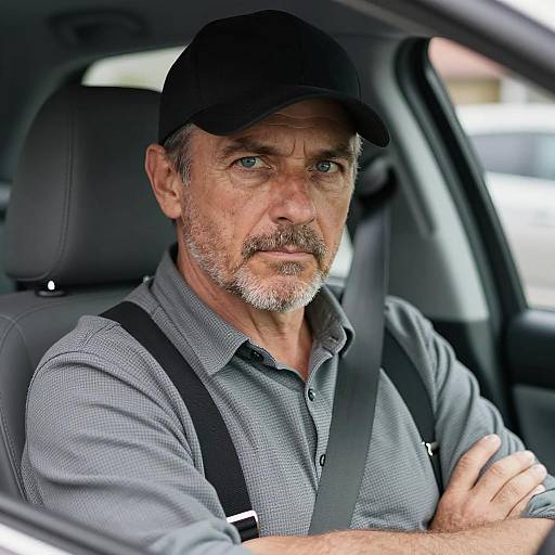 Middle-aged man sitting in car with arms crossed