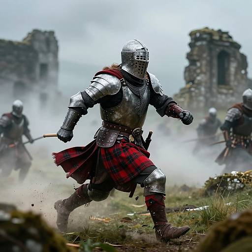 Photograph of medieval knight in silver armor, red plaid kilt, helmet, charging with sword, surrounded by misty, ruined stone buildings.