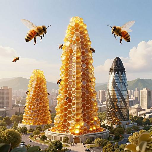 Photograph-like CGI of two golden honeycomb towers, surrounded by bees, beside a glass skyscraper, in a cityscape with mountains.