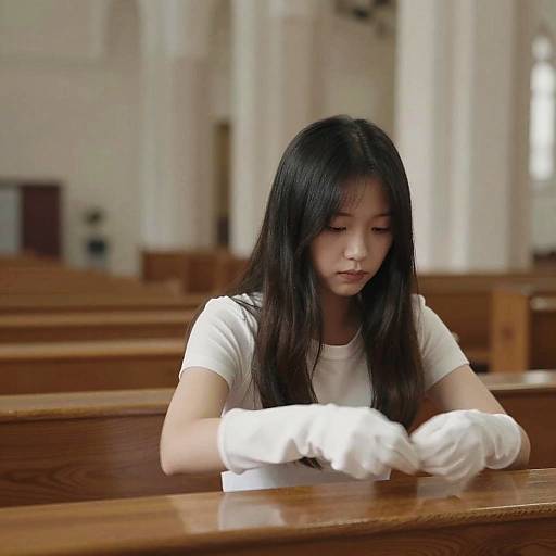 Photograph of an East Asian woman with long black hair, wearing a white shirt and gloves, cleaning a wooden church pew in a spacious, well-l
